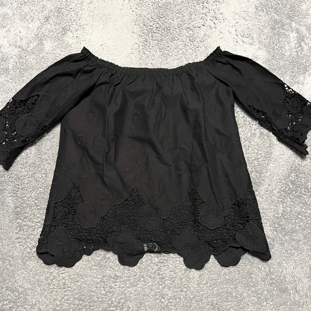 Drew Shirt Womens Medium Lace Off the Shoulder Blouse Black Eyelet